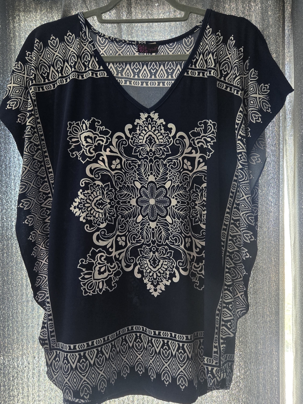 Navy and White Printed V-Neck Blouse